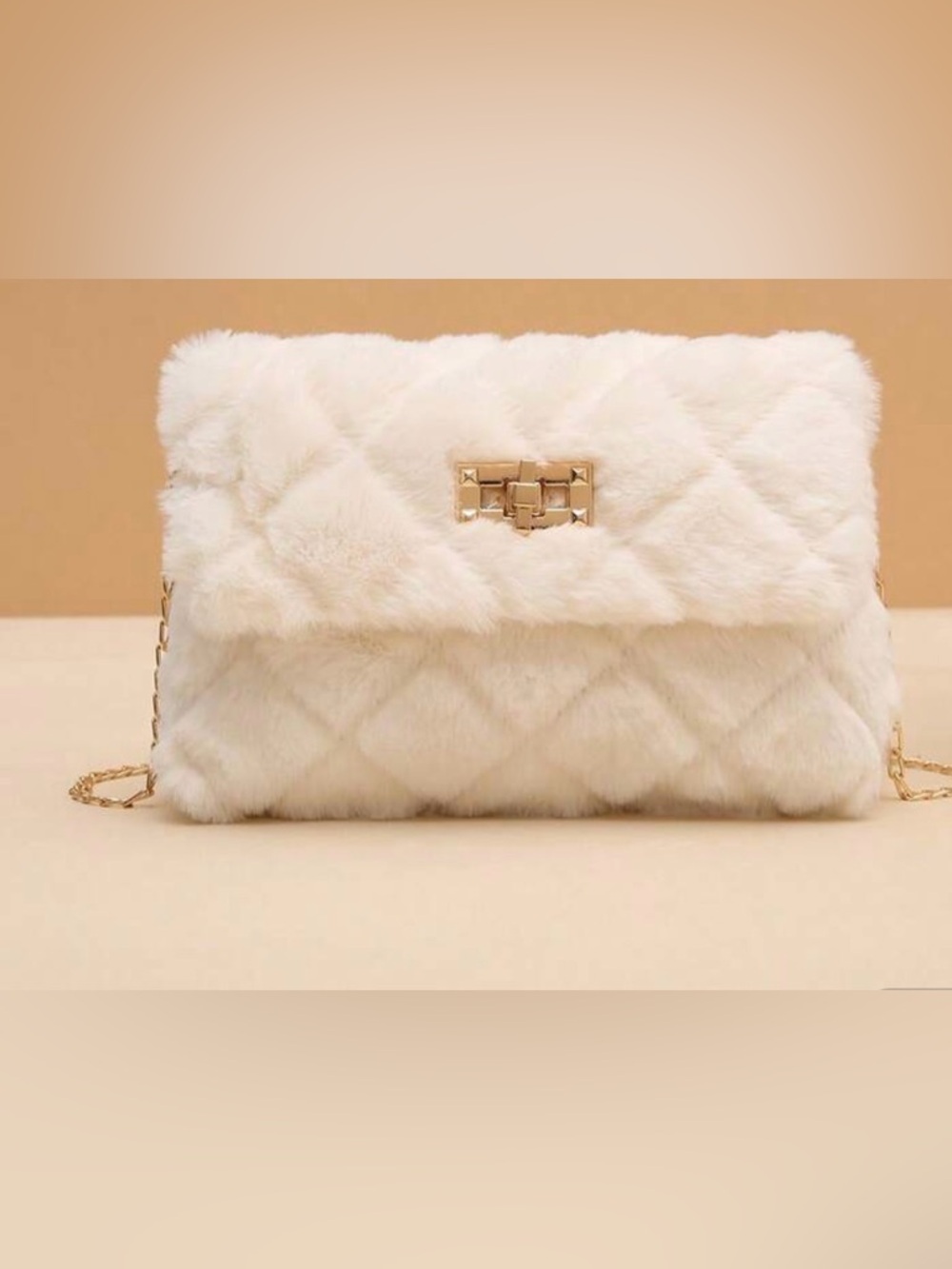 Plush Quilted Faux Fur Clutch in Cream with Gold Hardware
